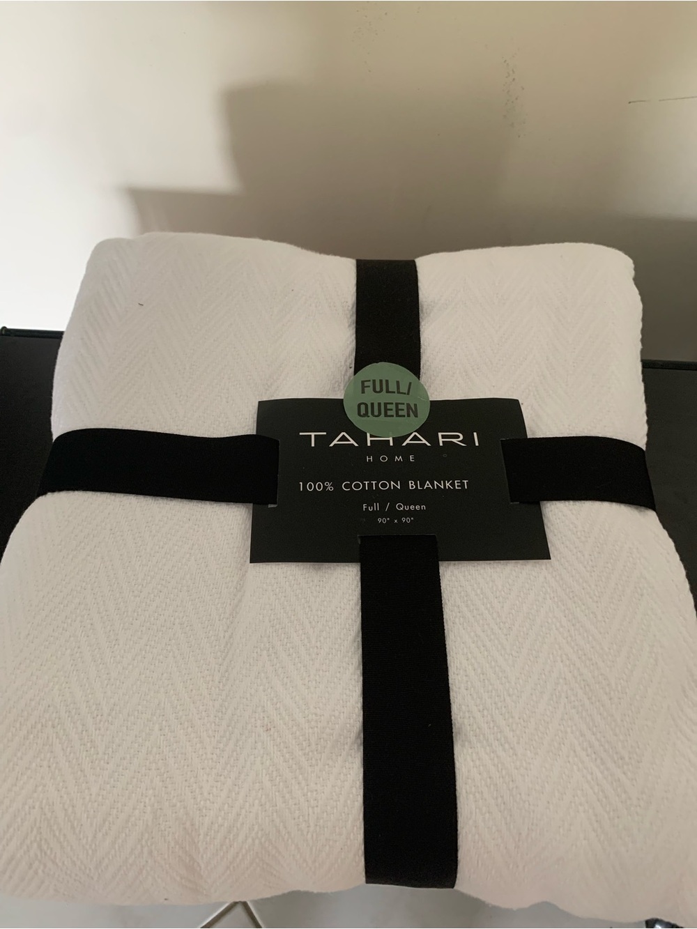 Tahari White Cotton Blanket with Subtle Herringbone Texture